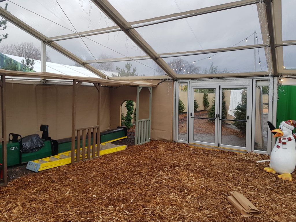 12m Clearspan marquee with clear roofs and double doors, built by Archers Marquees for Avon Valley Adventure & Wildlife Park