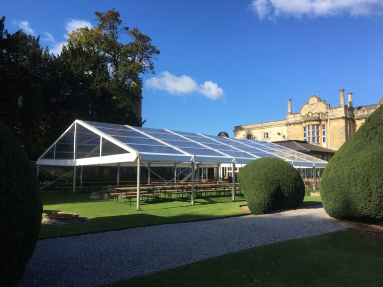 Dining Room marquee with clear roofs extension at Badminton School, to create extra space due to the Covid-19 pandemic