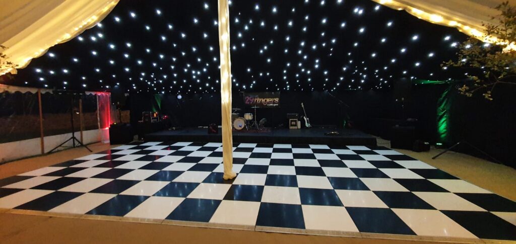 Black starlight lining over black and white dancefloor