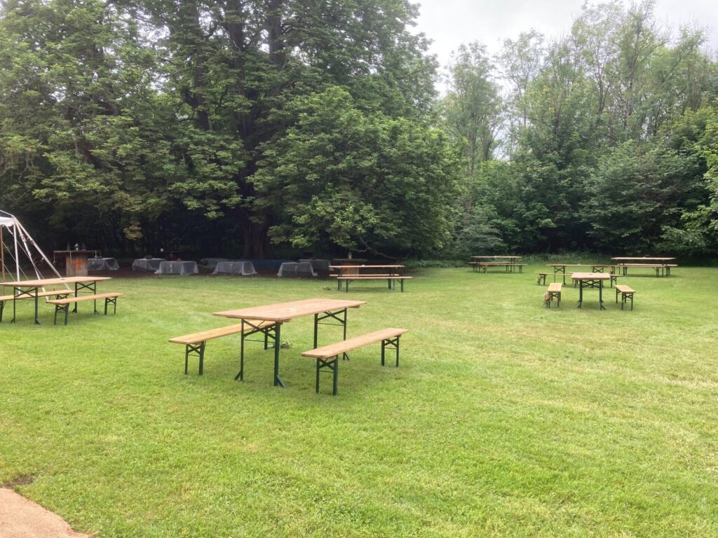 Wooden 'beer festival' style tables and benches