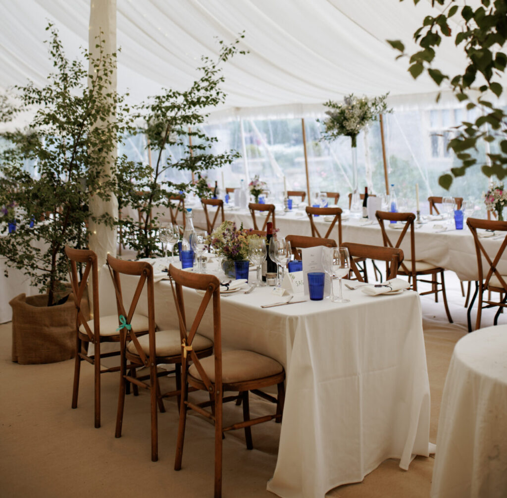 Trestle tables covered with tablecloths